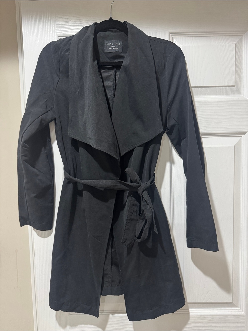 NWOT Love Tree Black Draped Trench Coat with Tie Waist